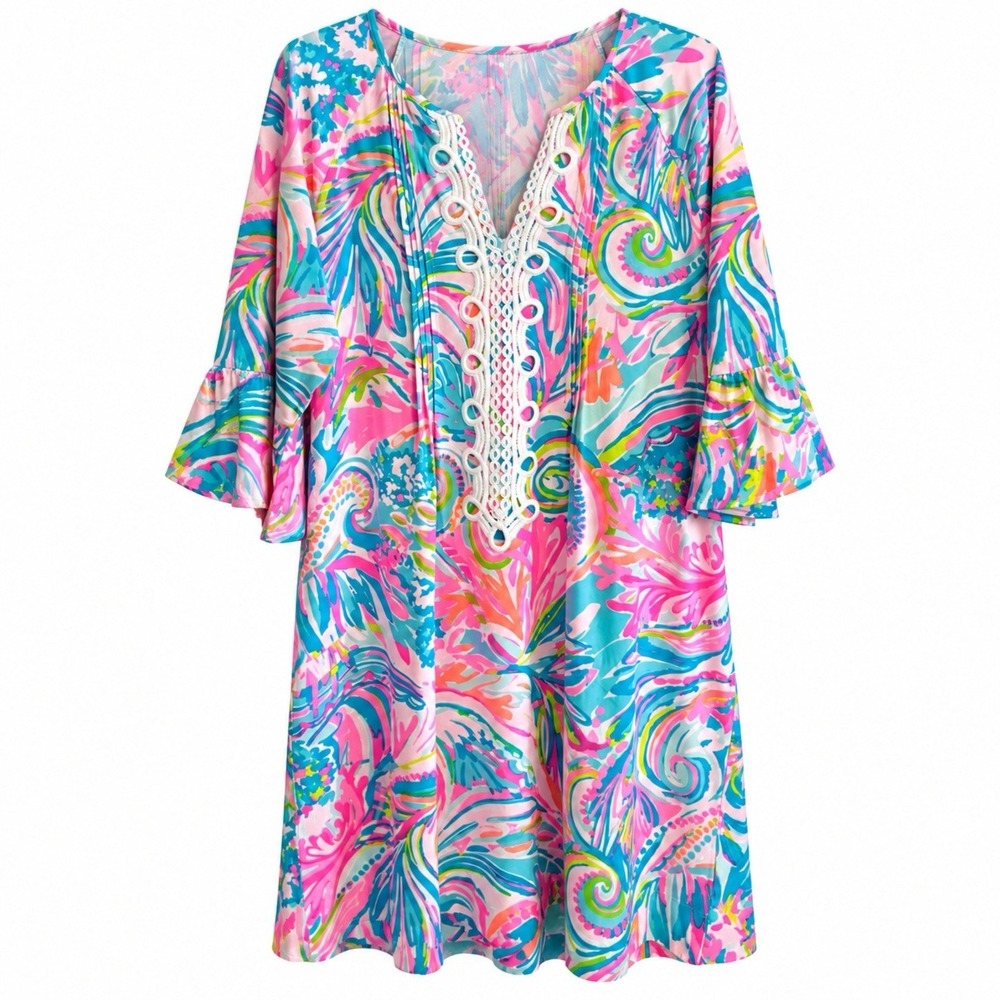 Lilly Pulitzer Krysta Tunic Dress 3/4 Flounce Sleeves White Trim XL